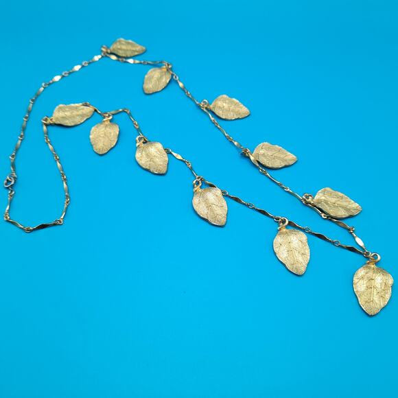 Vintage Dangling Leaves Long Chain Necklace, 29", 1960s Jewelry - Picture 9 of 15